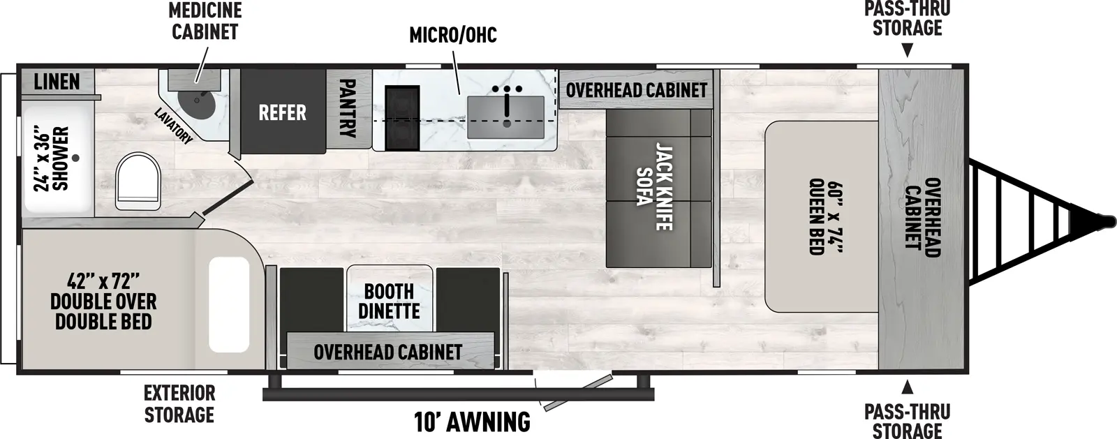 The Viking Travel Trailers 26BH floorplan has one entry and zero slide outs. Exterior features include: metal exterior and 10' awning. Interiors features include: bunk beds and front bedroom.